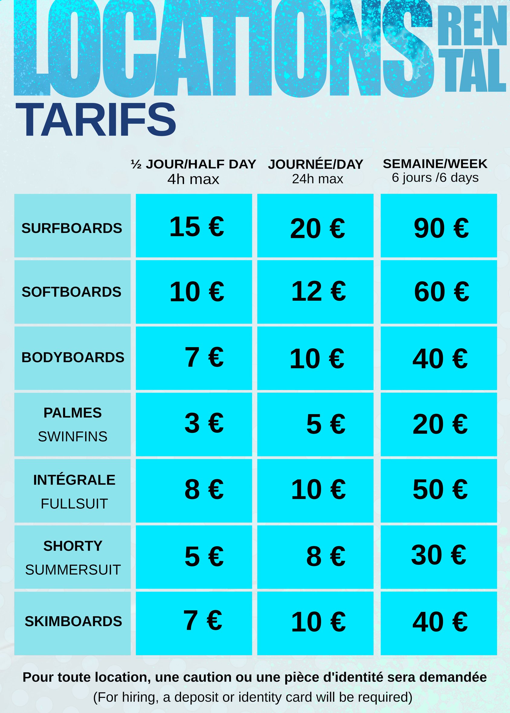 tarifs des locations 